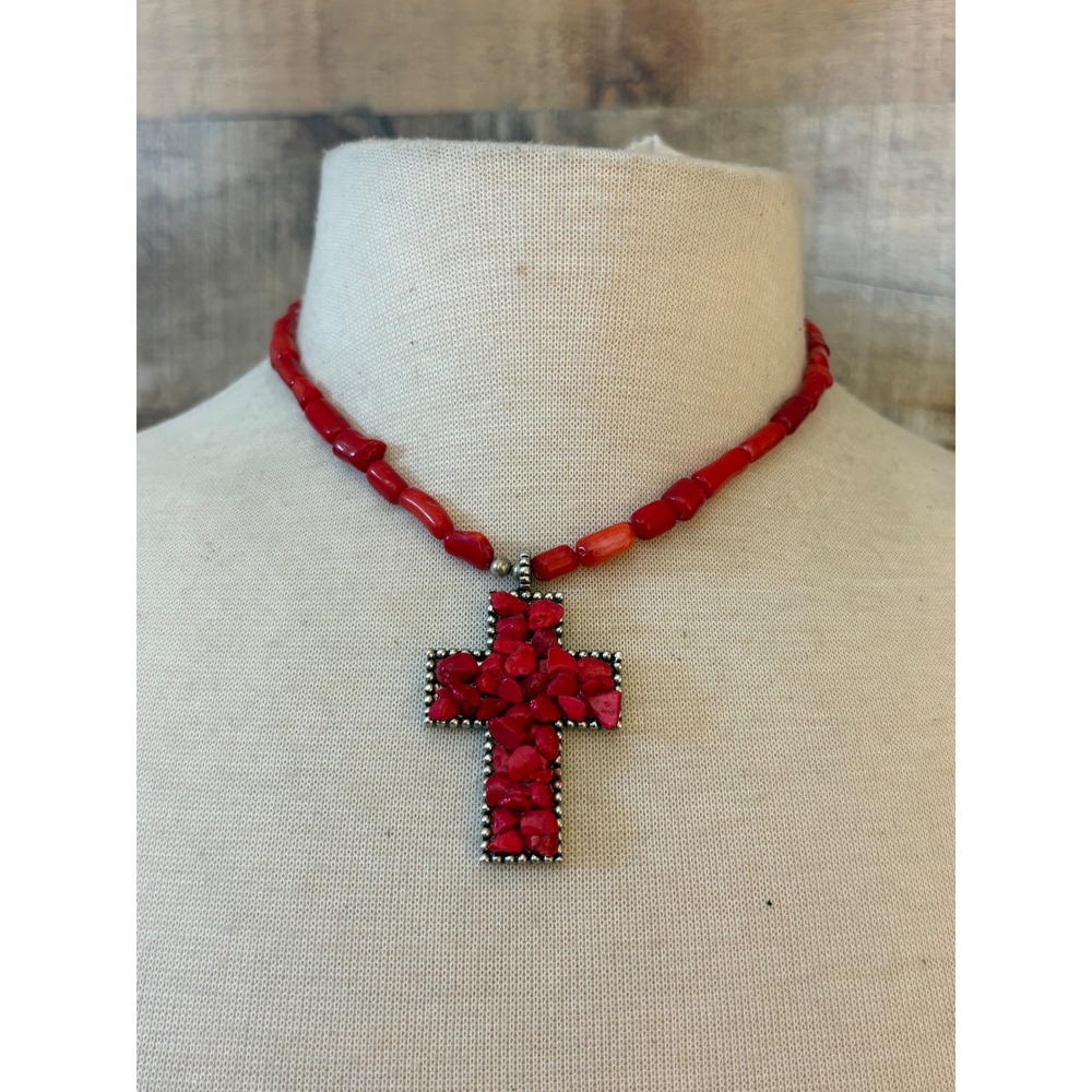Red Faux Coral Bead Cross Pendant Necklace Silver Tone Southwestern Style 18in